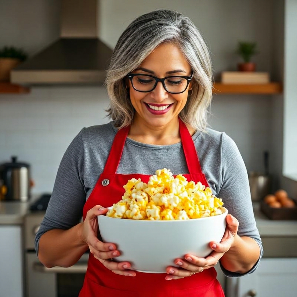Creadora del Método Gourmet con palomitas en la mano